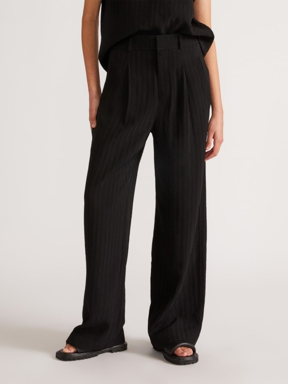 Everlane City Stripe Way-High Drape Pant Black Pinstripe Wide Leg Size 2